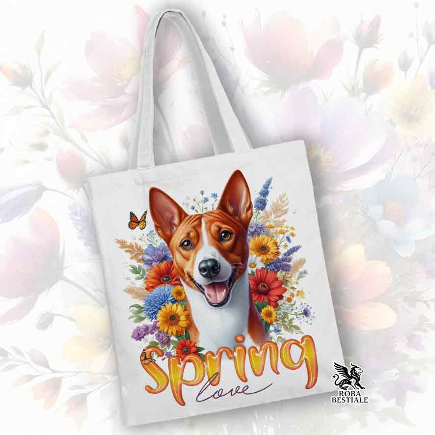Tote Bag SPRING LOVE - BASENJI Red and White - 100% Cotton - White or Beige