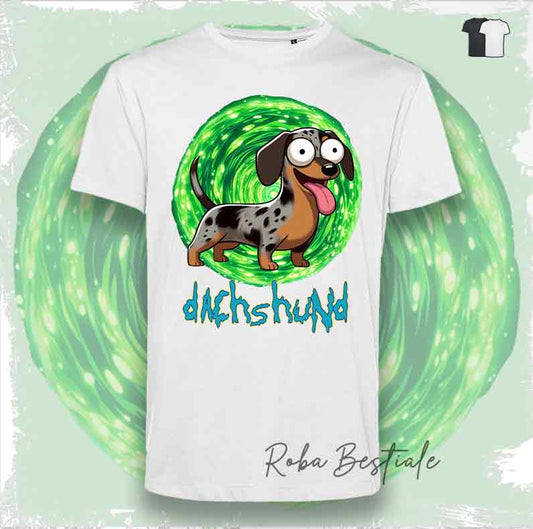 T-Shirt RICK & MORTY - BASSOTTO TEDESCO a Pelo Corto - Arlecchino Marrone - Bianca o Nera - dalla XS alla 5XL