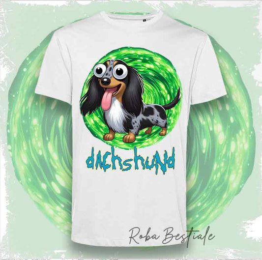 T-Shirt RICK & MORTY - BASSOTTO TEDESCO a Pelo Lungo - Arlecchino Nero