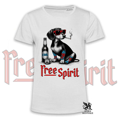T-Shirt FREE SPIRIT - BASSOTTO TEDESCO a Pelo Corto - Bianca o Beige, da Uomo o da Donna - dalla XS alla 5XL