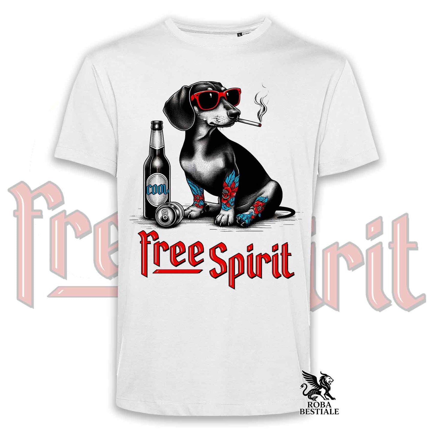 T-Shirt FREE SPIRIT - BASSOTTO TEDESCO a Pelo Corto - Bianca o Beige, da Uomo o da Donna - dalla XS alla 5XL