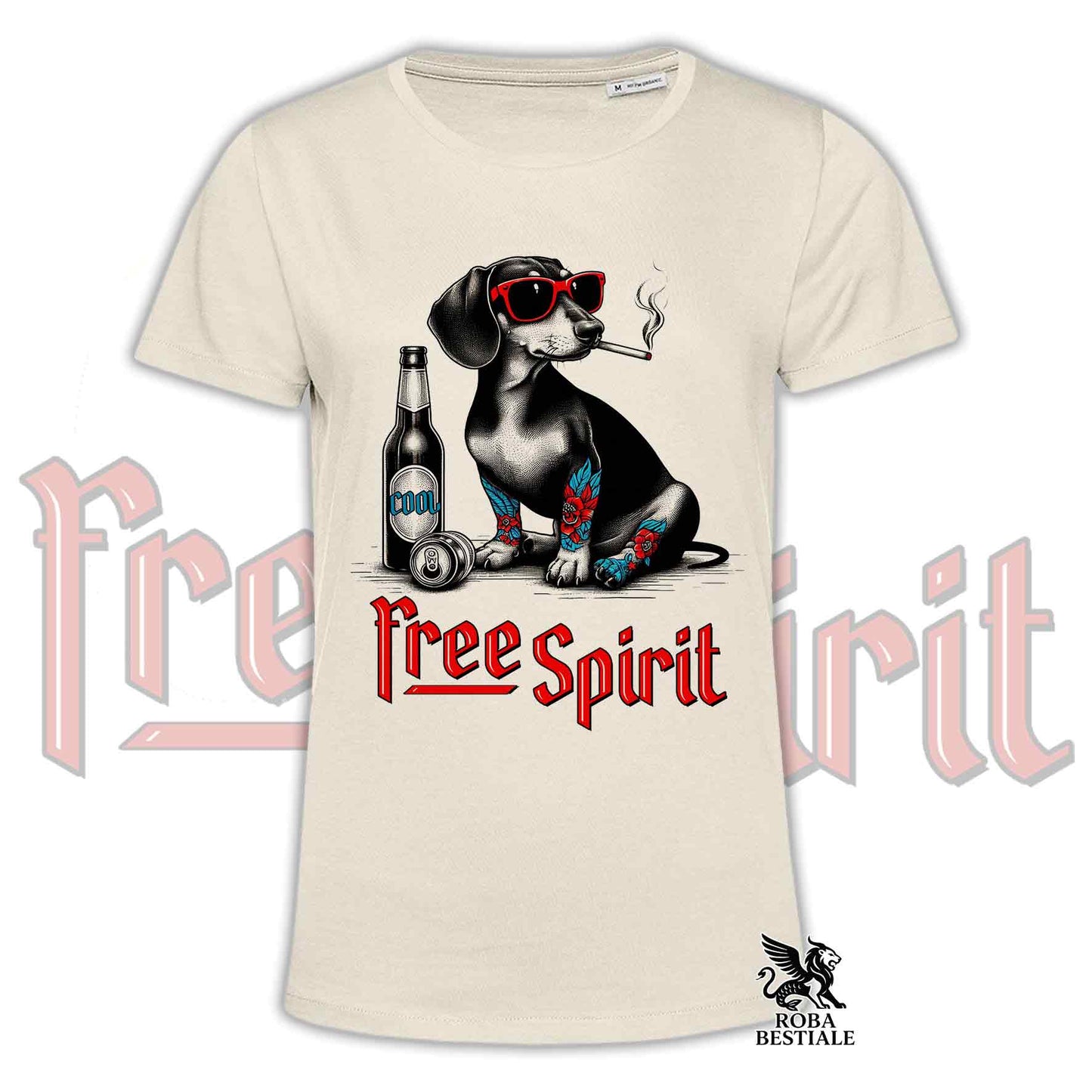 T-Shirt FREE SPIRIT - BASSOTTO TEDESCO a Pelo Corto - Bianca o Beige, da Uomo o da Donna - dalla XS alla 5XL