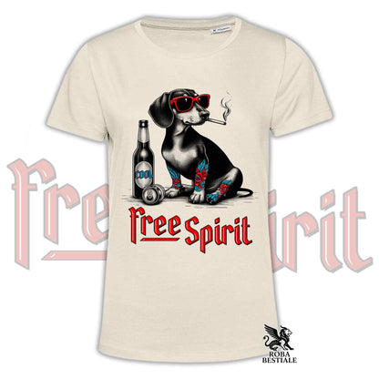 T-Shirt FREE SPIRIT - BASSOTTO TEDESCO a Pelo Corto - Bianca o Beige, da Uomo o da Donna - dalla XS alla 5XL