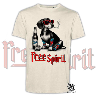 T-Shirt FREE SPIRIT - BASSOTTO TEDESCO a Pelo Corto - Bianca o Beige, da Uomo o da Donna - dalla XS alla 5XL