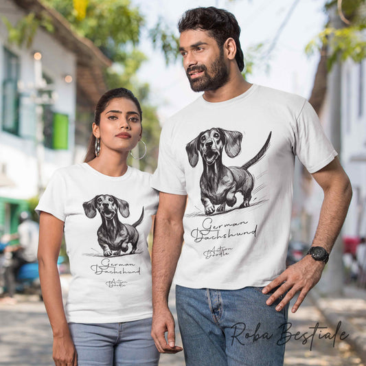 T-Shirt ACTION DOODLE - BASSOTTO TEDESCO a Pelo Corto 1 - 100% Cotone, Bianca, Uomo o Donna - dalla XS alla 5XL