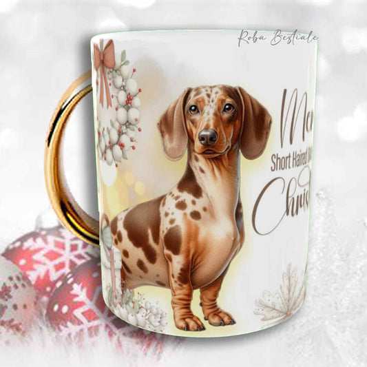 Tazza COZY WINTER - BASSOTTO TEDESCO a Pelo Corto Arlecchino Fulvo - In Ceramica, con manico color Oro - 330 ml