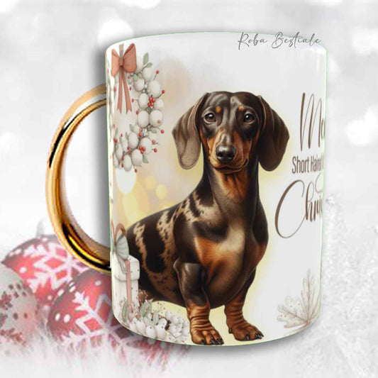 Tazza COZY WINTER - BASSOTTO TEDESCO a Pelo Corto Arlecchino Marrone - In Ceramica, con manico color Oro - 330 ml