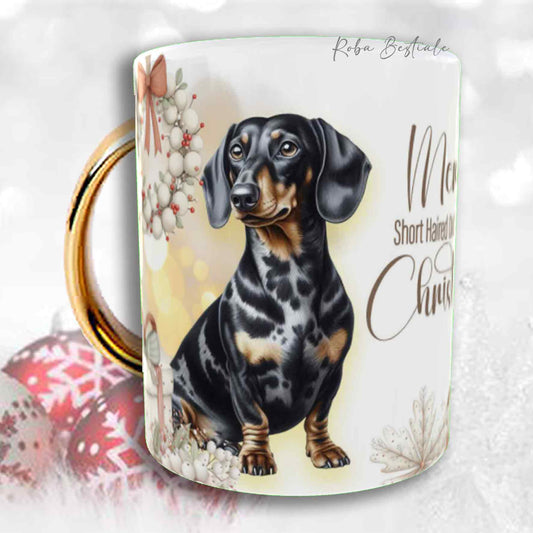 Tazza COZY WINTER - BASSOTTO TEDESCO a Pelo Corto Arlecchino Nero - In Ceramica, con manico color Oro - 330 ml