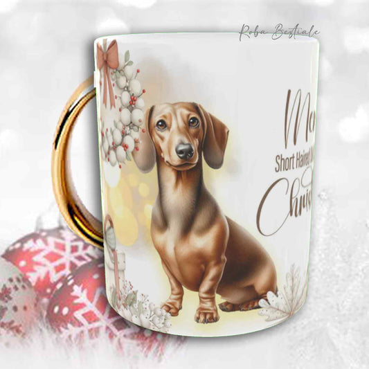 Tazza COZY WINTER - BASSOTTO TEDESCO a Pelo Corto Fulvo - In Ceramica, con manico color Oro - 330 ml