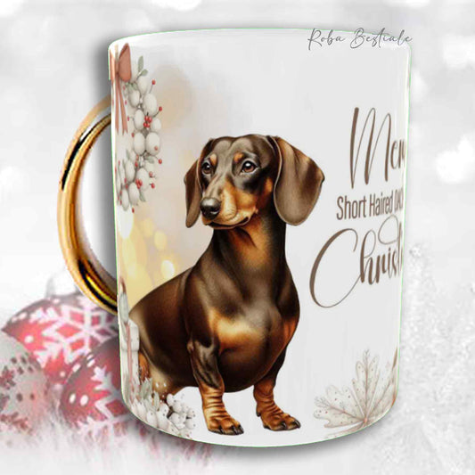 Tazza COZY WINTER - BASSOTTO TEDESCO a Pelo Corto Marrone Focato - In Ceramica, con manico color Oro - 330 ml