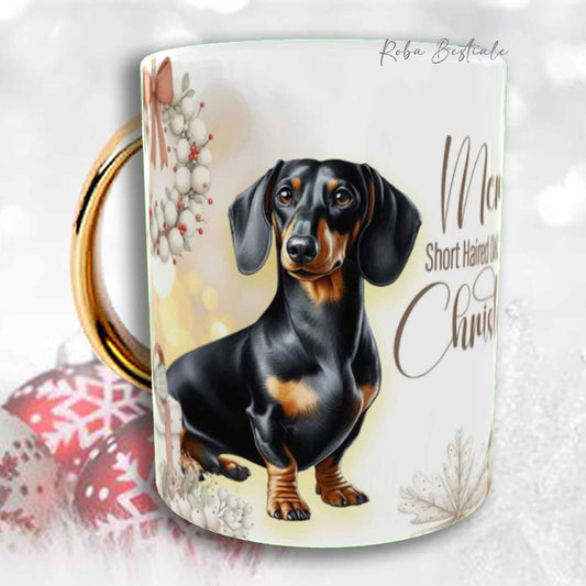 Tazza COZY WINTER - BASSOTTO TEDESCO a Pelo Corto Nero Focato - In Ceramica, con manico color Oro - 330 ml