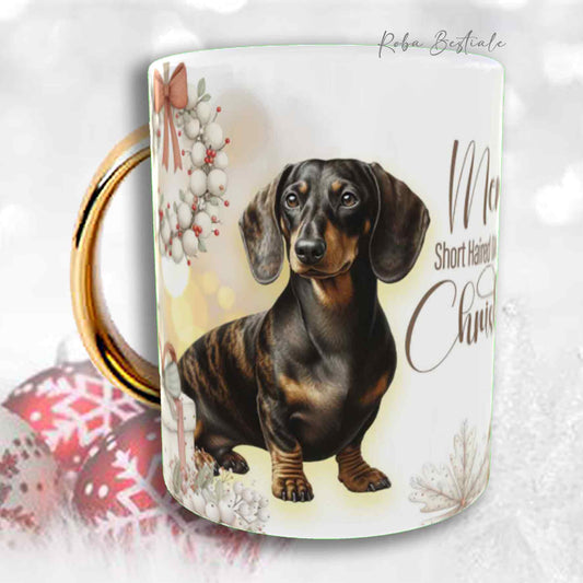 Tazza COZY WINTER - BASSOTTO TEDESCO a Pelo Corto Tigrato - In Ceramica, con manico color Oro - 330 ml