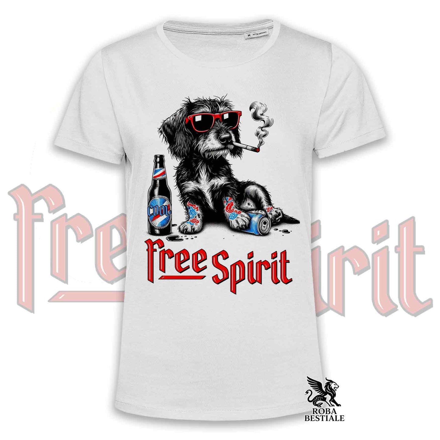 T-Shirt FREE SPIRIT - BASSOTTO TEDESCO a Pelo Duro - Bianca o Beige, da Uomo o da Donna - dalla XS alla 5XL