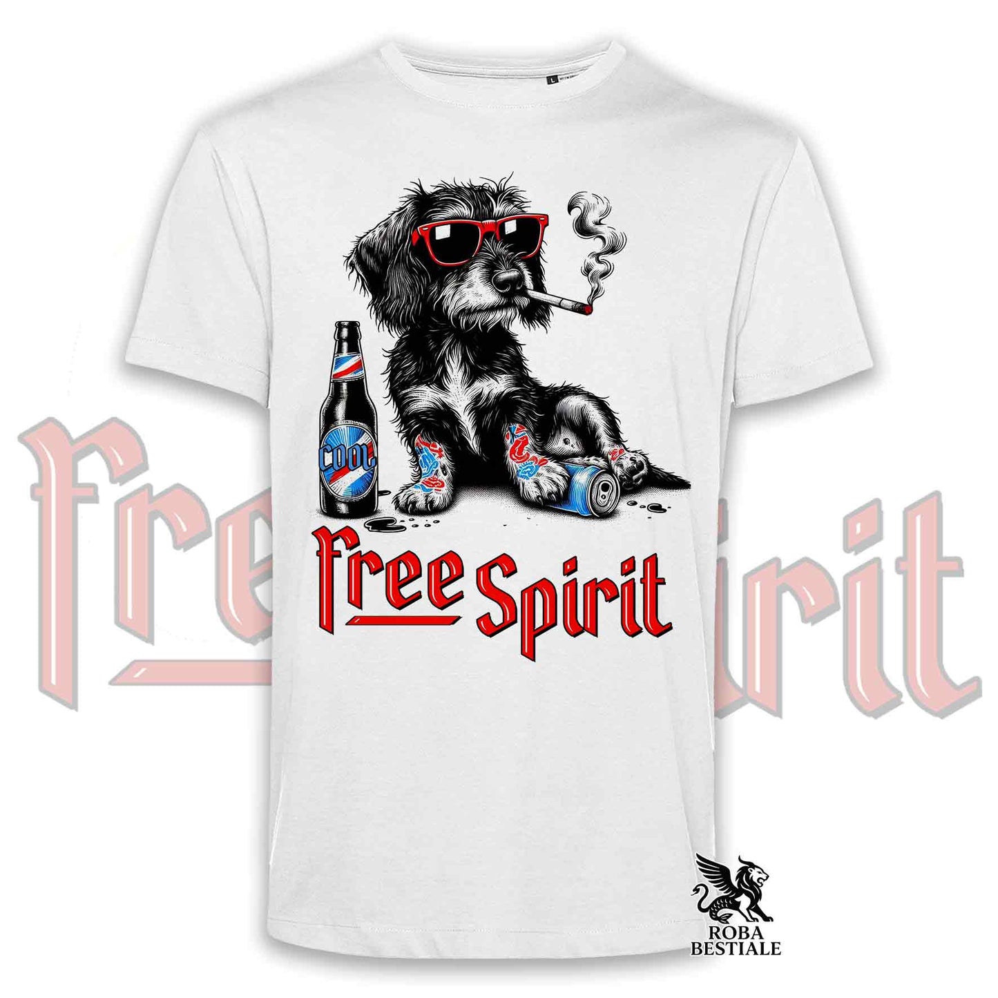 T-Shirt FREE SPIRIT - BASSOTTO TEDESCO a Pelo Duro - Bianca o Beige, da Uomo o da Donna - dalla XS alla 5XL