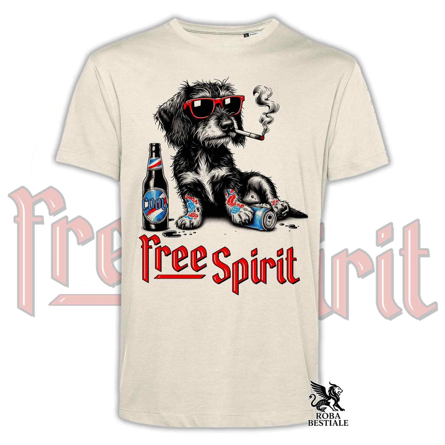T-Shirt FREE SPIRIT - BASSOTTO TEDESCO a Pelo Duro - Bianca o Beige, da Uomo o da Donna - dalla XS alla 5XL