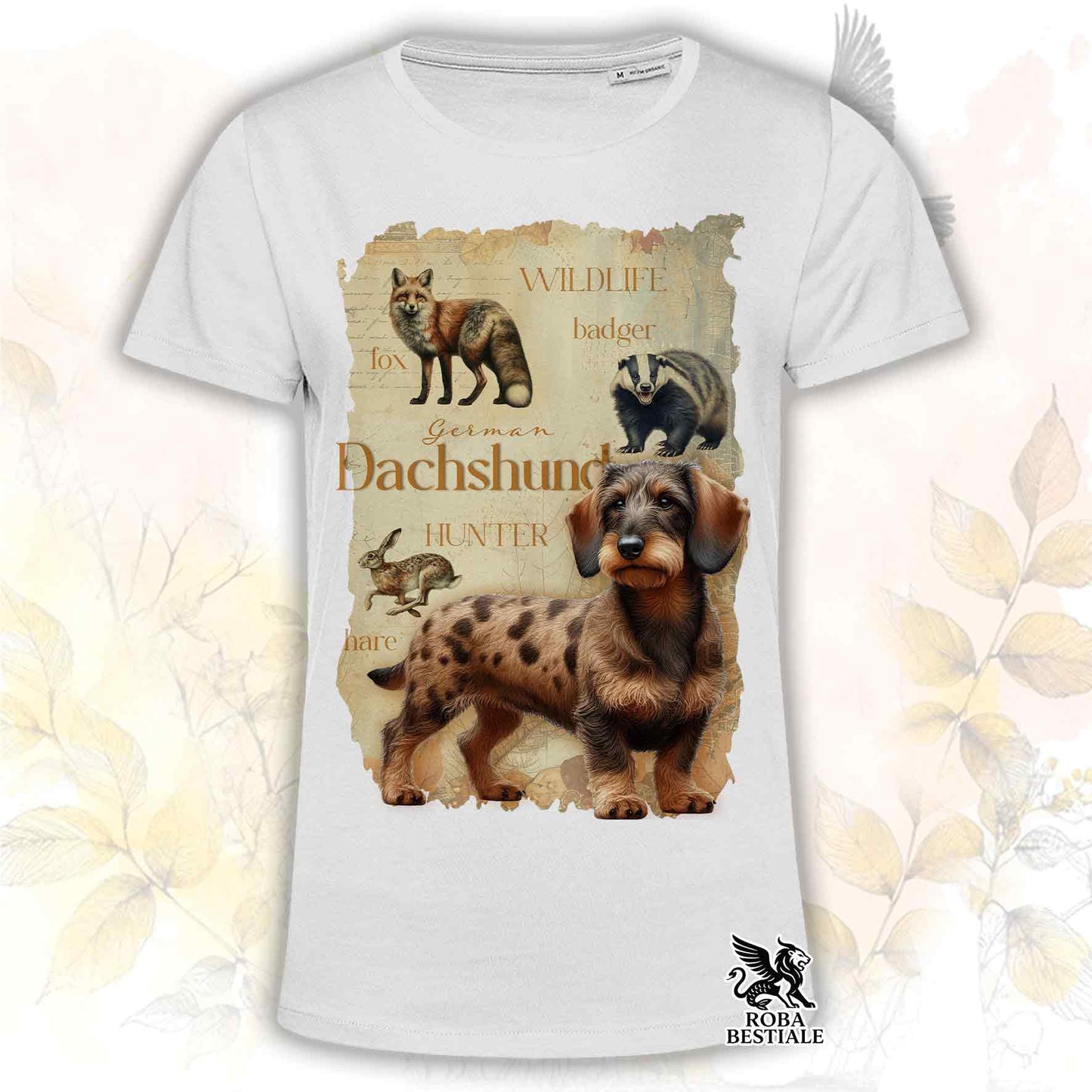 T-Shirt FIELD LEGACY - BASSOTTO TEDESCO a Pelo Duro Arlecchino Fulvo - Bianca o Beige, da Uomo o da Donna - dalla XS alla 5XL