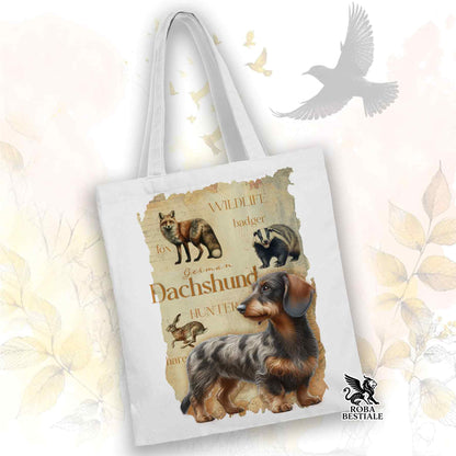 Tote Bag FIELD LEGACY - BASSOTTO TEDESCO a Pelo Duro Arlecchino Marrone - 100% Cotone - Bianca o Beige