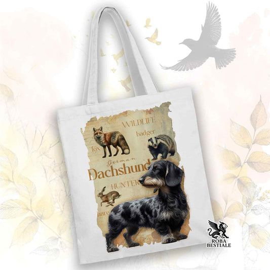 Tote Bag FIELD LEGACY - BASSOTTO TEDESCO a Pelo Duro Arlecchino Nero - 100% Cotone - Bianca o Beige