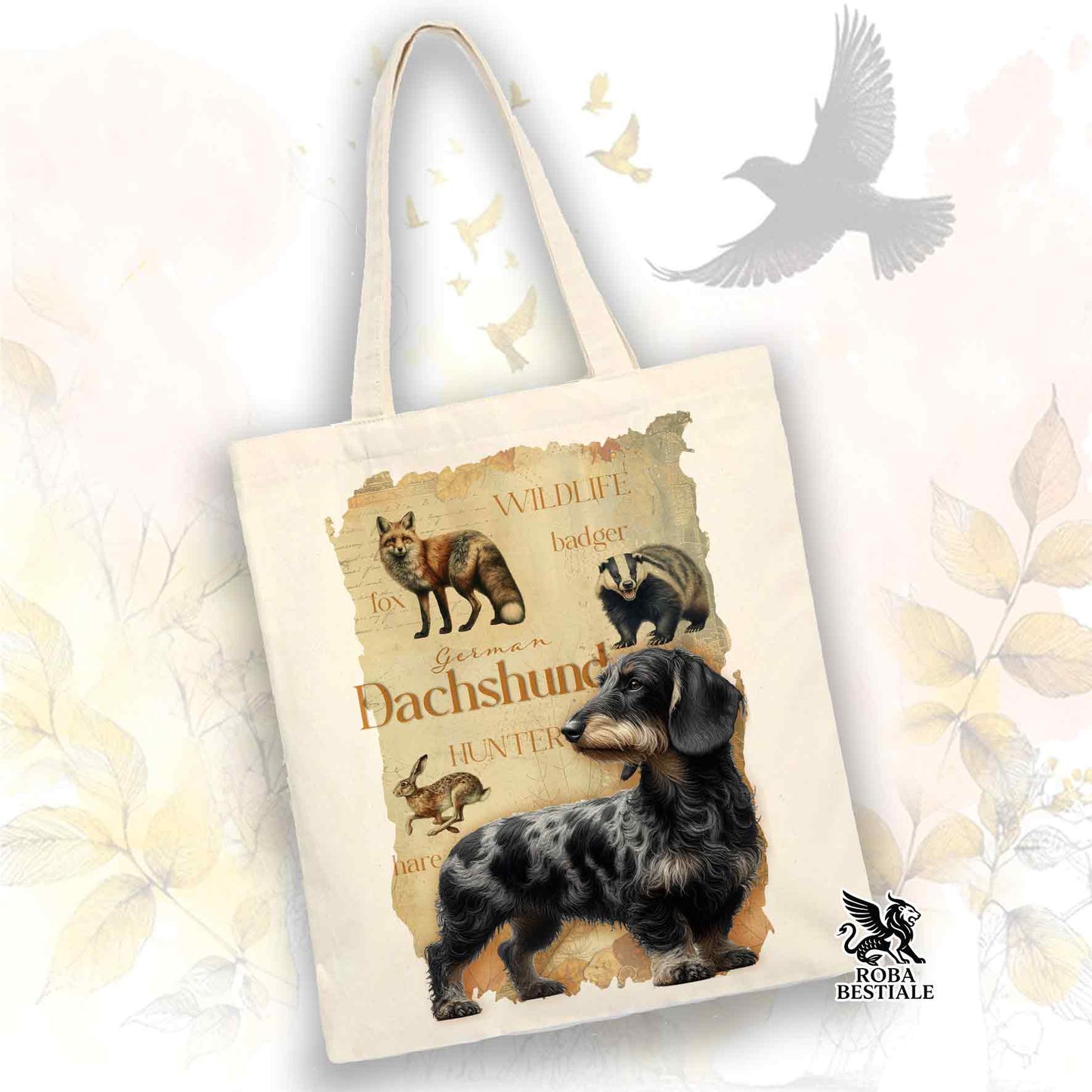 Tote Bag FIELD LEGACY - BASSOTTO TEDESCO a Pelo Duro Arlecchino Nero - 100% Cotone - Bianca o Beige