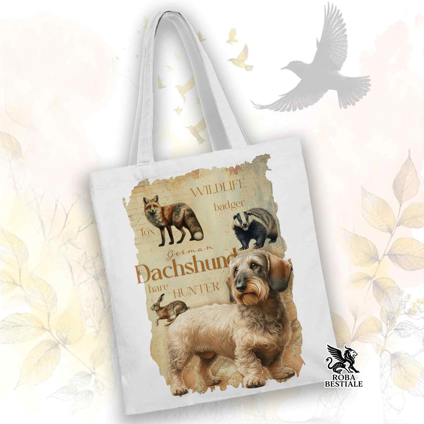 Tote Bag FIELD LEGACY - BASSOTTO TEDESCO a Pelo Duro Foglia Secca - 100% Cotone - Bianca o Beige