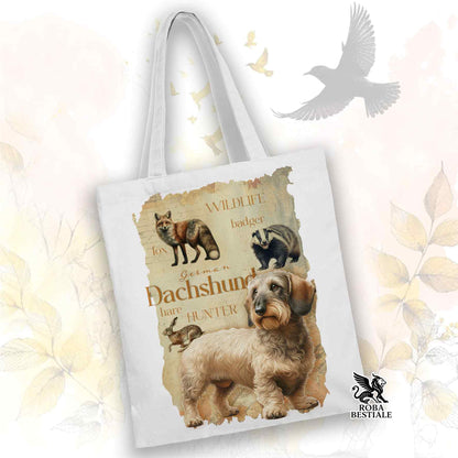 Tote Bag FIELD LEGACY - BASSOTTO TEDESCO a Pelo Duro Foglia Secca - 100% Cotone - Bianca o Beige