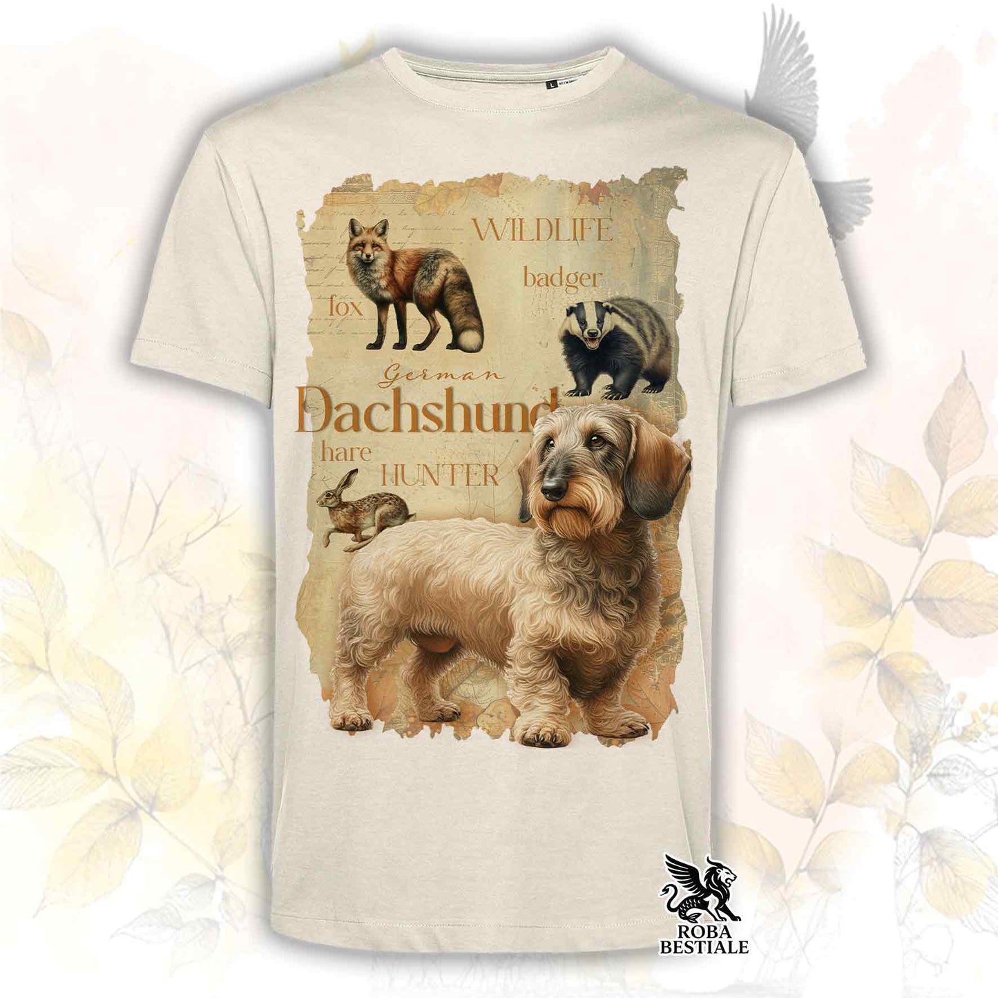 T-Shirt FIELD LEGACY - BASSOTTO TEDESCO a Pelo Duro Foglia Secca - Bianca o Beige, da Uomo o da Donna - dalla XS alla 5XL