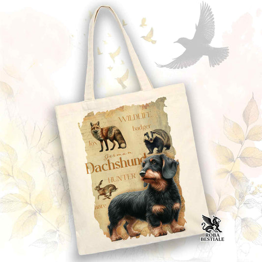 Tote Bag FIELD LEGACY - BASSOTTO TEDESCO a Pelo Duro Nero Focato - 100% Cotone - Bianca o Beige