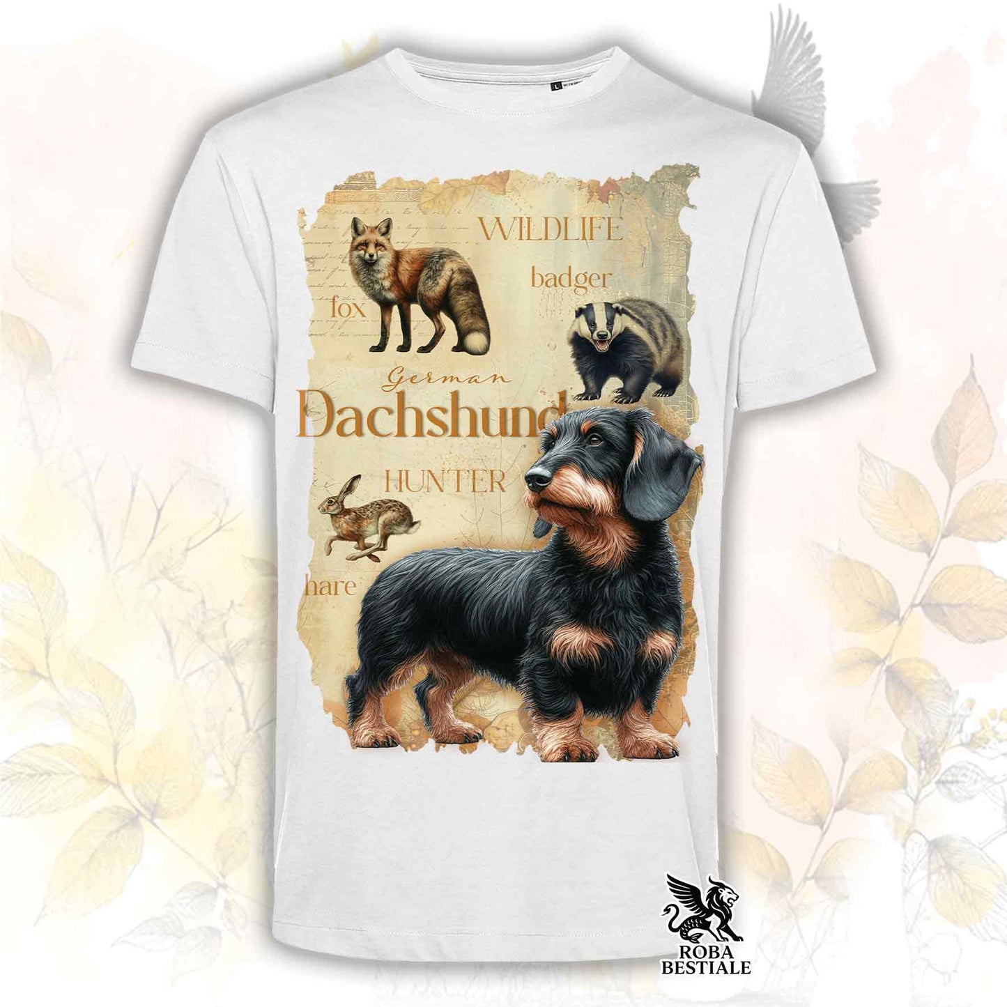 T-Shirt FIELD LEGACY - BASSOTTO TEDESCO a Pelo Duro Nero Focato - Bianca o Beige, da Uomo o da Donna - dalla XS alla 5XL