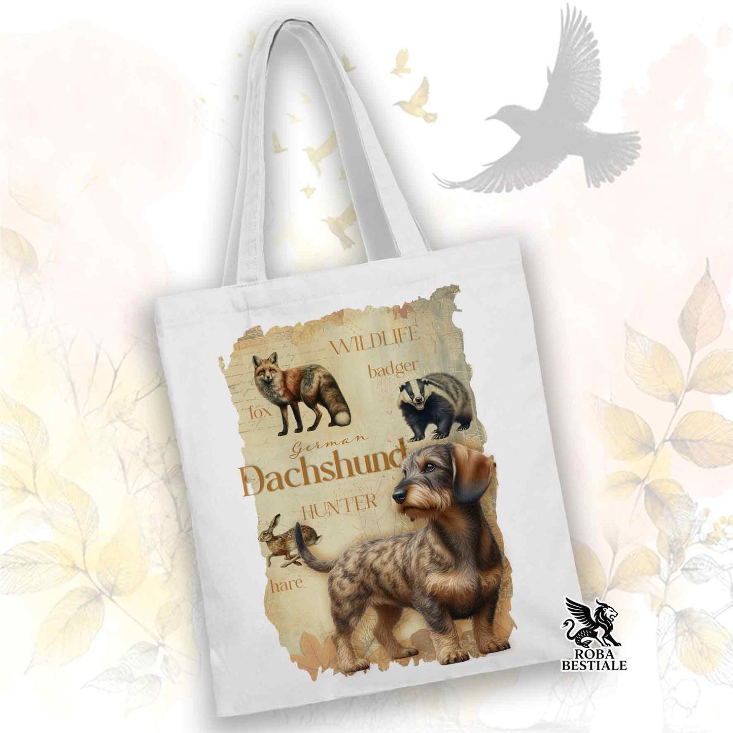 Tote Bag FIELD LEGACY - BASSOTTO TEDESCO a Pelo Duro Tigrato - 100% Cotone - Bianca o Beige