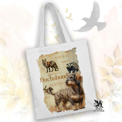 Tote Bag FIELD LEGACY - BASSOTTO TEDESCO a Pelo Duro Tigrato - 100% Cotone - Bianca o Beige