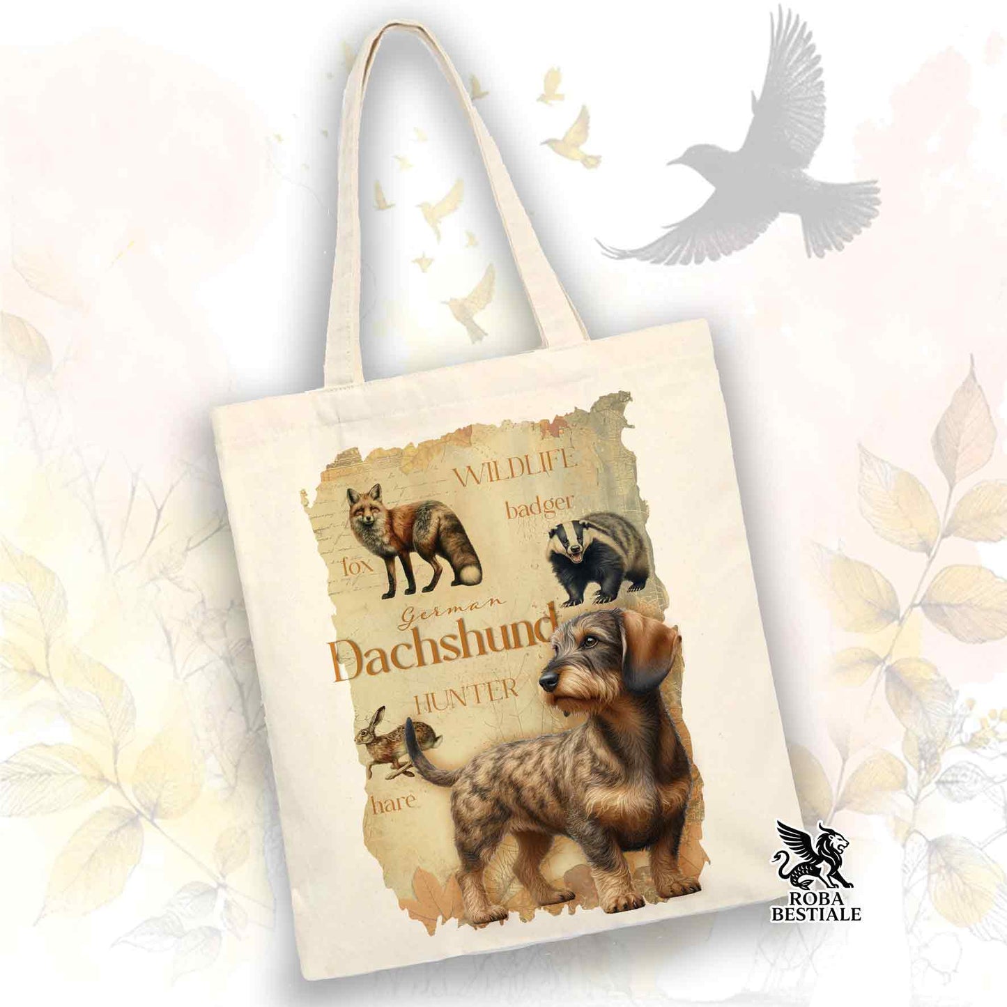 Tote Bag FIELD LEGACY - BASSOTTO TEDESCO a Pelo Duro Tigrato - 100% Cotone - Bianca o Beige