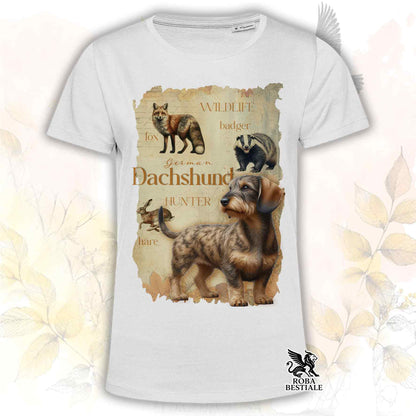 T-Shirt FIELD LEGACY - BASSOTTO TEDESCO a Pelo Duro Tigrato - Bianca o Beige, da Uomo o da Donna - dalla XS alla 5XL