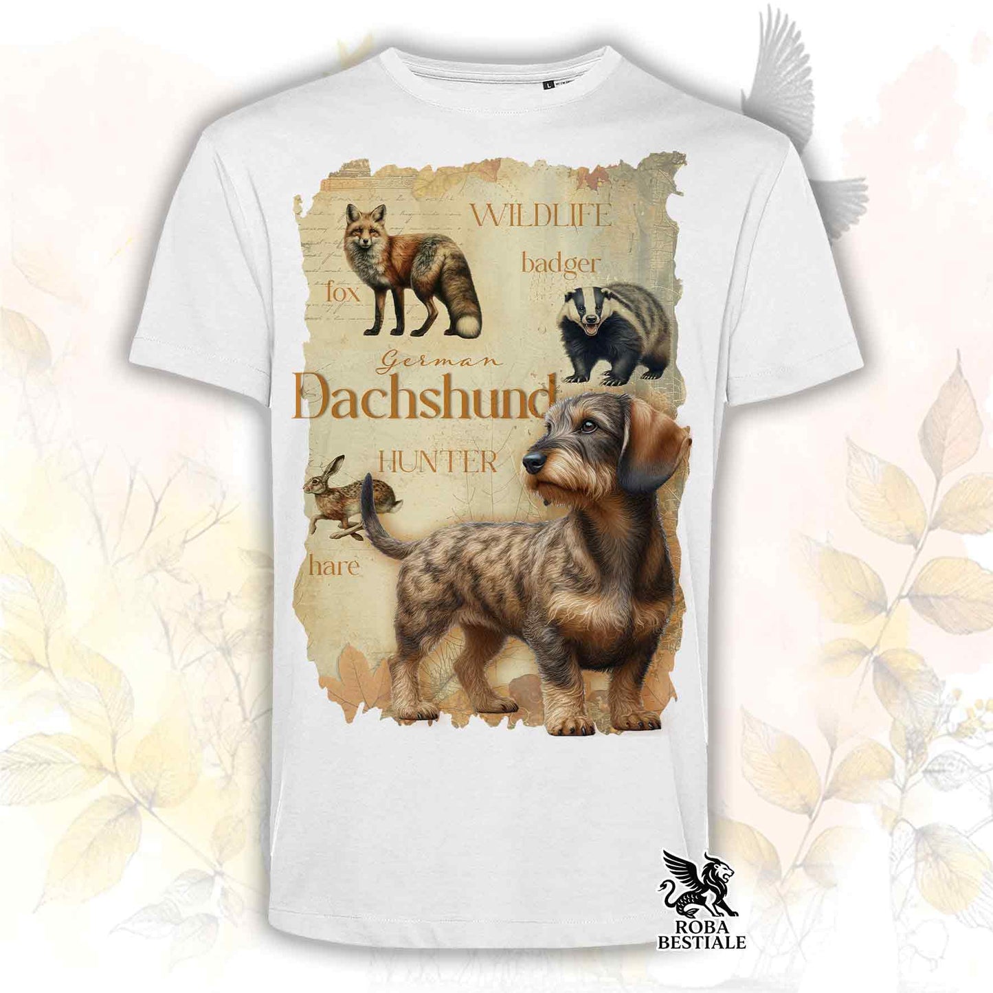 T-Shirt FIELD LEGACY - BASSOTTO TEDESCO a Pelo Duro Tigrato - Bianca o Beige, da Uomo o da Donna - dalla XS alla 5XL