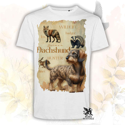 T-Shirt FIELD LEGACY - BASSOTTO TEDESCO a Pelo Duro Tigrato - Bianca o Beige, da Uomo o da Donna - dalla XS alla 5XL