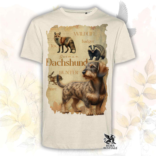 T-Shirt FIELD LEGACY - BASSOTTO TEDESCO a Pelo Duro Tigrato - Bianca o Beige, da Uomo o da Donna - dalla XS alla 5XL