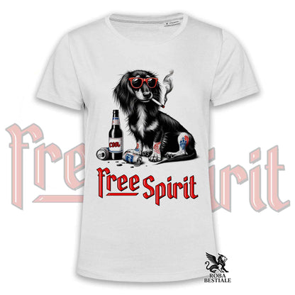 T-Shirt FREE SPIRIT - BASSOTTO TEDESCO a Pelo Lungo - Bianca o Beige, da Uomo o da Donna - dalla XS alla 5XL
