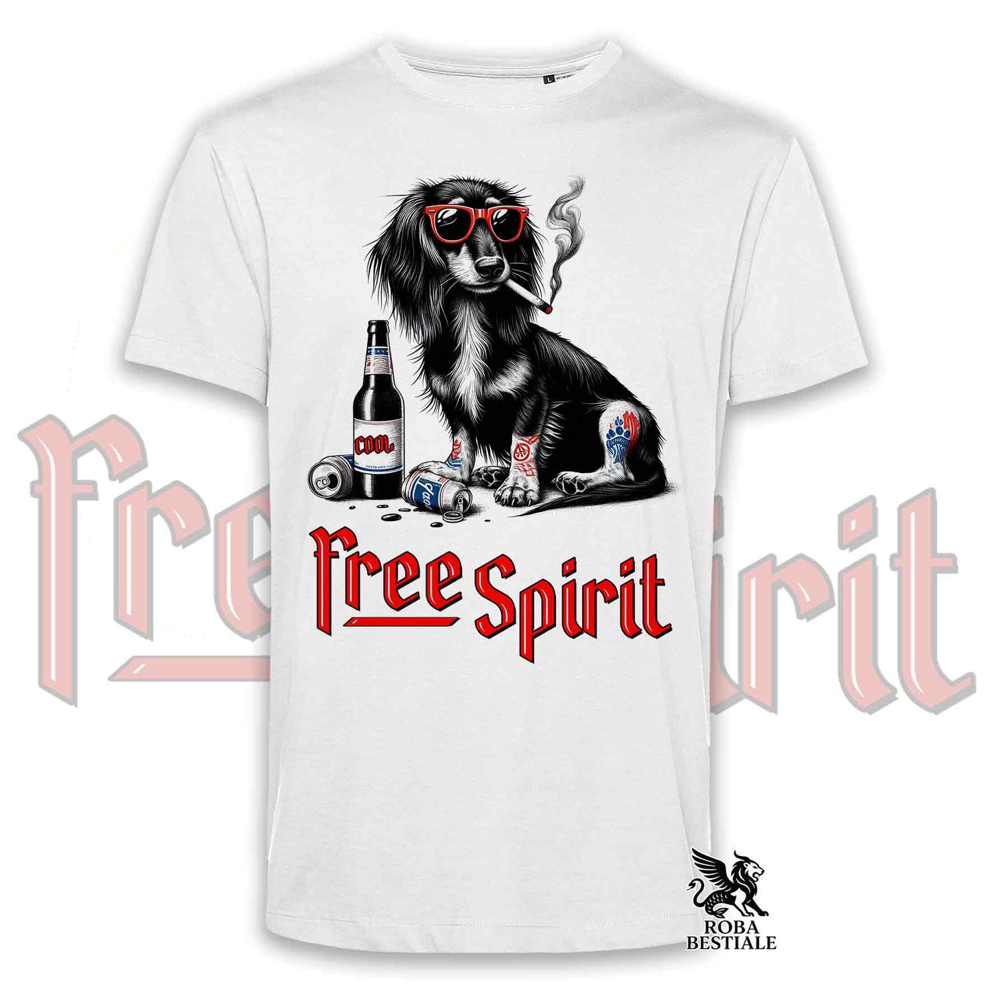 T-Shirt FREE SPIRIT - BASSOTTO TEDESCO a Pelo Lungo - Bianca o Beige, da Uomo o da Donna - dalla XS alla 5XL