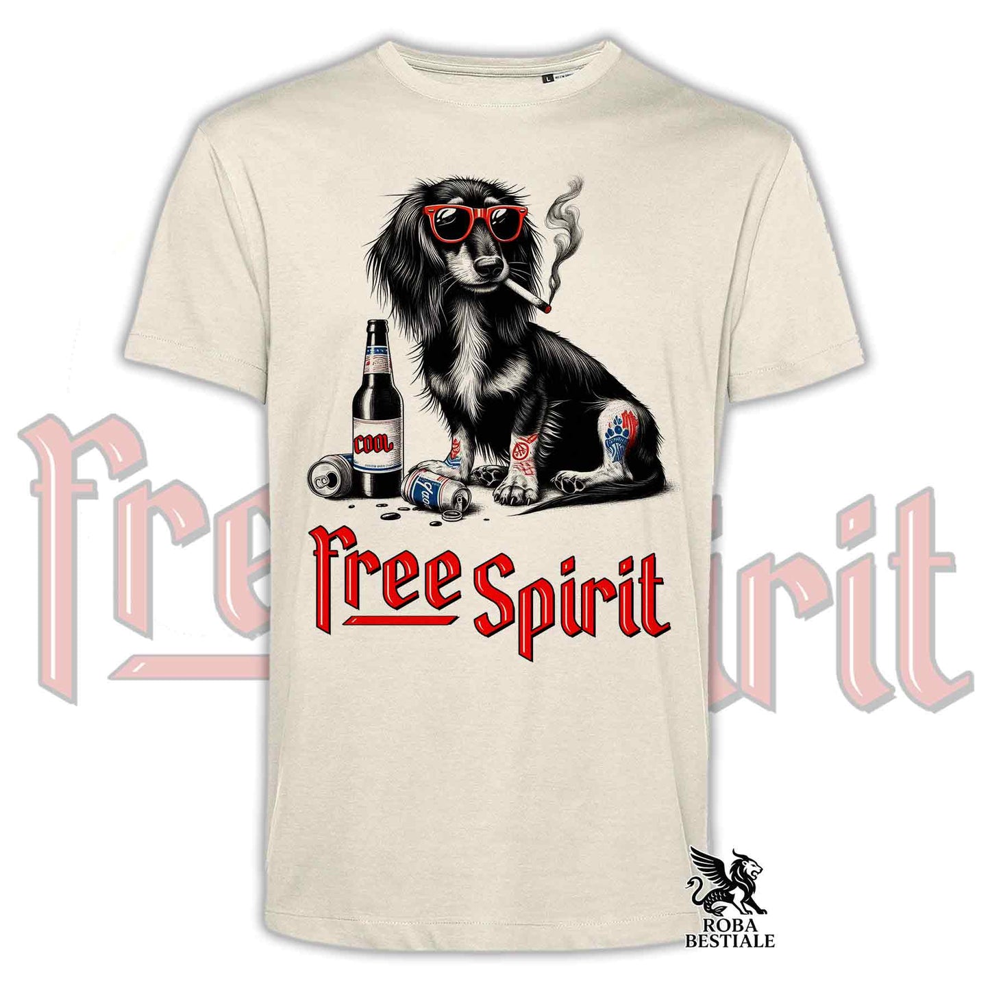 T-Shirt FREE SPIRIT - BASSOTTO TEDESCO a Pelo Lungo - Bianca o Beige, da Uomo o da Donna - dalla XS alla 5XL