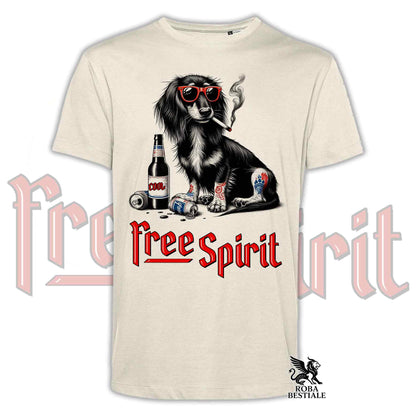 T-Shirt FREE SPIRIT - BASSOTTO TEDESCO a Pelo Lungo - Bianca o Beige, da Uomo o da Donna - dalla XS alla 5XL