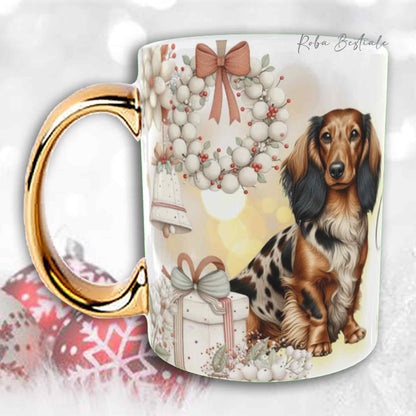 Tazza COZY WINTER - BASSOTTO TEDESCO a Pelo Lungo Arlecchino Fulvo - In Ceramica, con manico color Oro - 330 ml