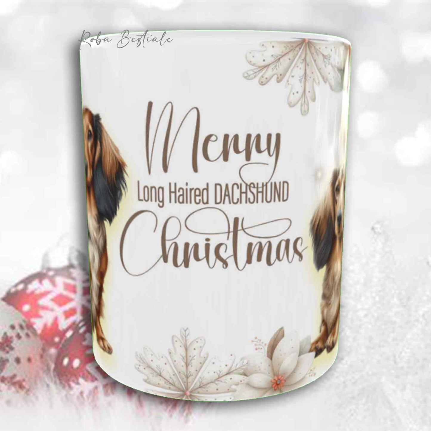 Tazza COZY WINTER - BASSOTTO TEDESCO a Pelo Lungo Arlecchino Fulvo - In Ceramica, con manico color Oro - 330 ml