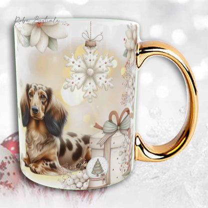 Tazza COZY WINTER - BASSOTTO TEDESCO a Pelo Lungo Arlecchino Fulvo - In Ceramica, con manico color Oro - 330 ml