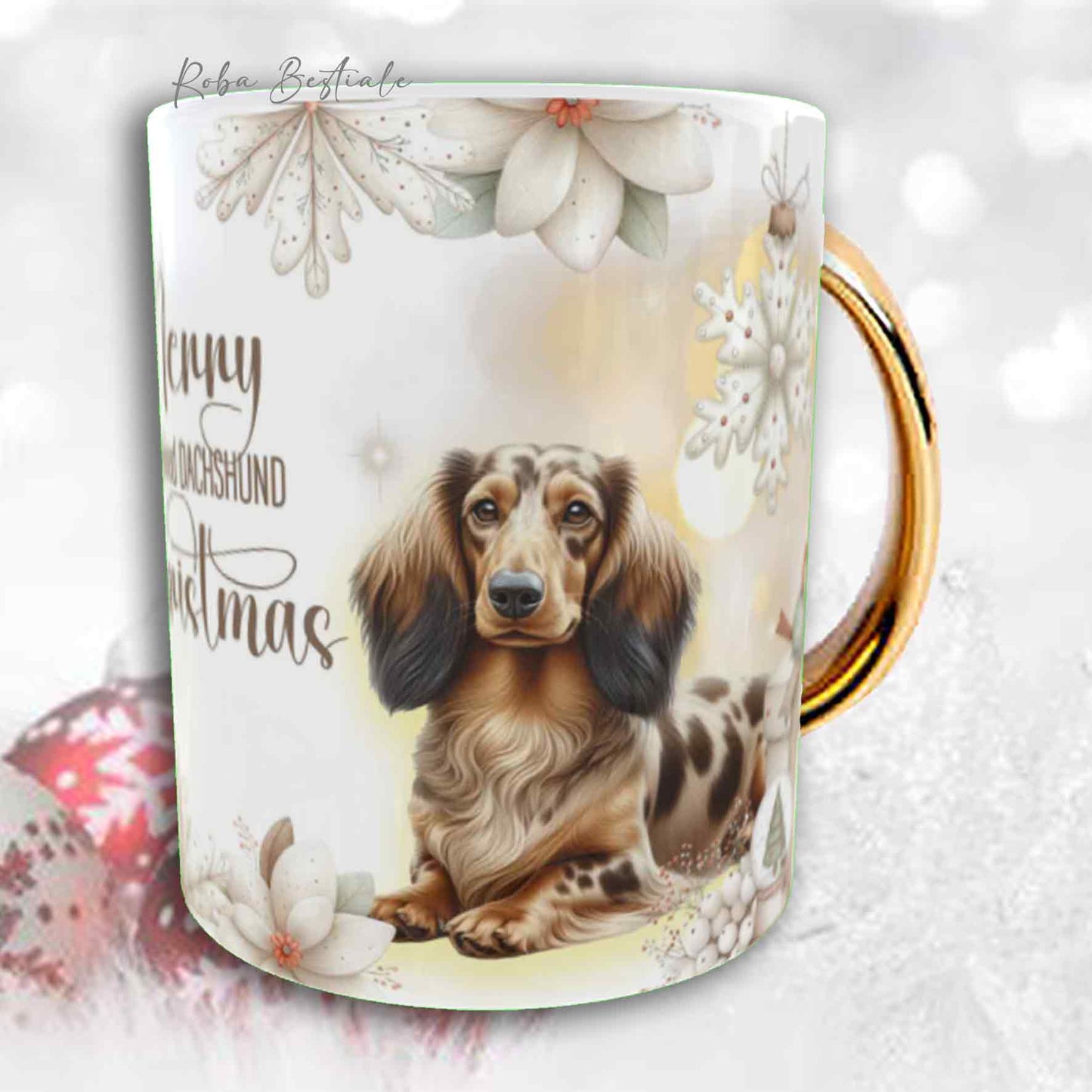 Tazza COZY WINTER - BASSOTTO TEDESCO a Pelo Lungo Arlecchino Fulvo - In Ceramica, con manico color Oro - 330 ml