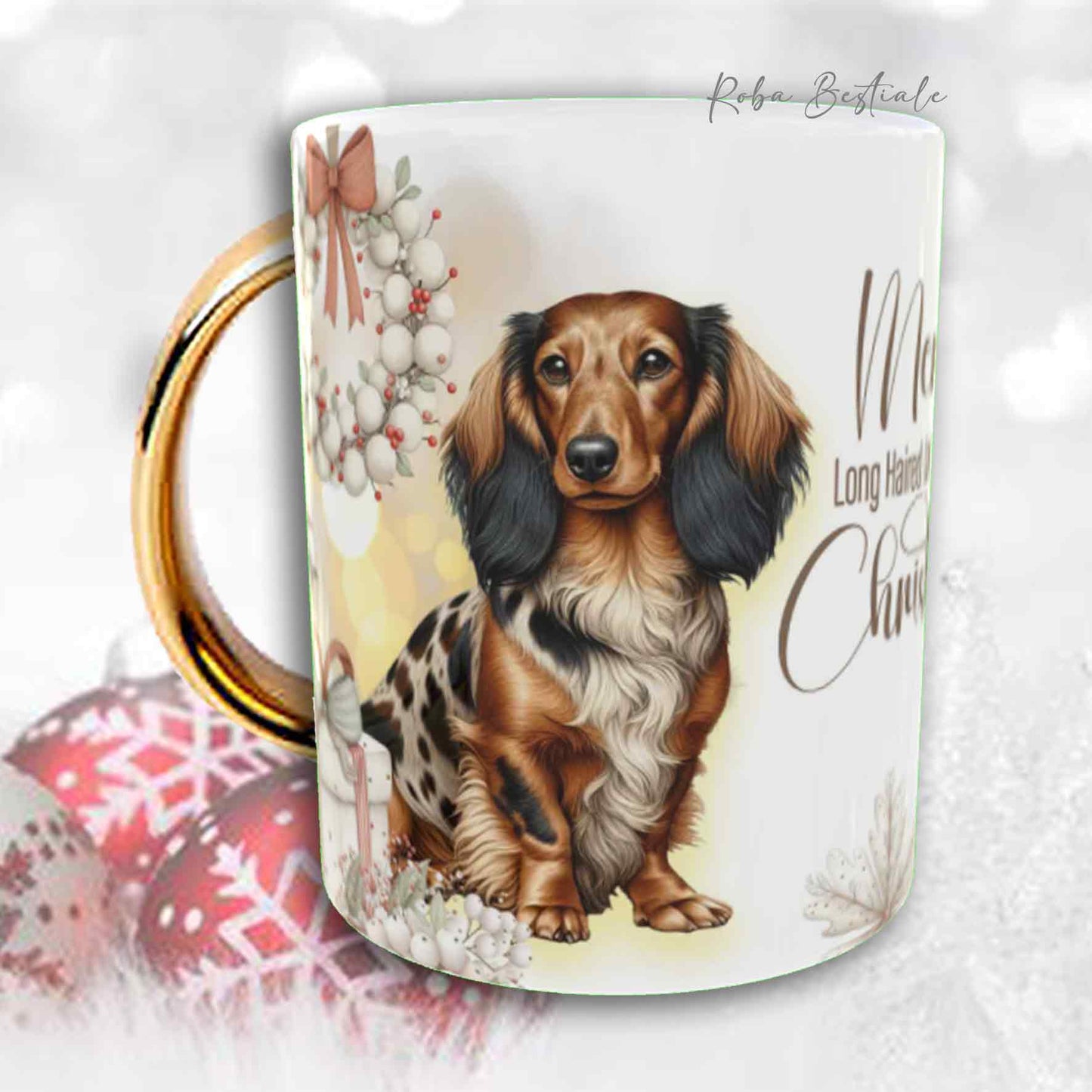 Tazza COZY WINTER - BASSOTTO TEDESCO a Pelo Lungo Arlecchino Fulvo - In Ceramica, con manico color Oro - 330 ml