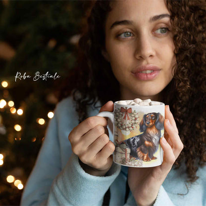 Tazza COZY WINTER - BASSOTTO TEDESCO a Pelo Lungo Arlecchino Marrone - In Ceramica, con manico color Oro - 330 ml