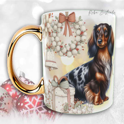 Tazza COZY WINTER - BASSOTTO TEDESCO a Pelo Lungo Arlecchino Marrone - In Ceramica, con manico color Oro - 330 ml