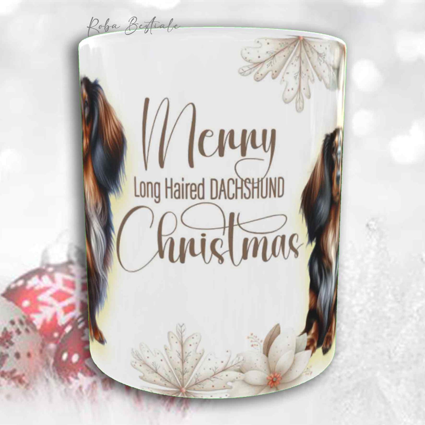 Tazza COZY WINTER - BASSOTTO TEDESCO a Pelo Lungo Arlecchino Marrone - In Ceramica, con manico color Oro - 330 ml