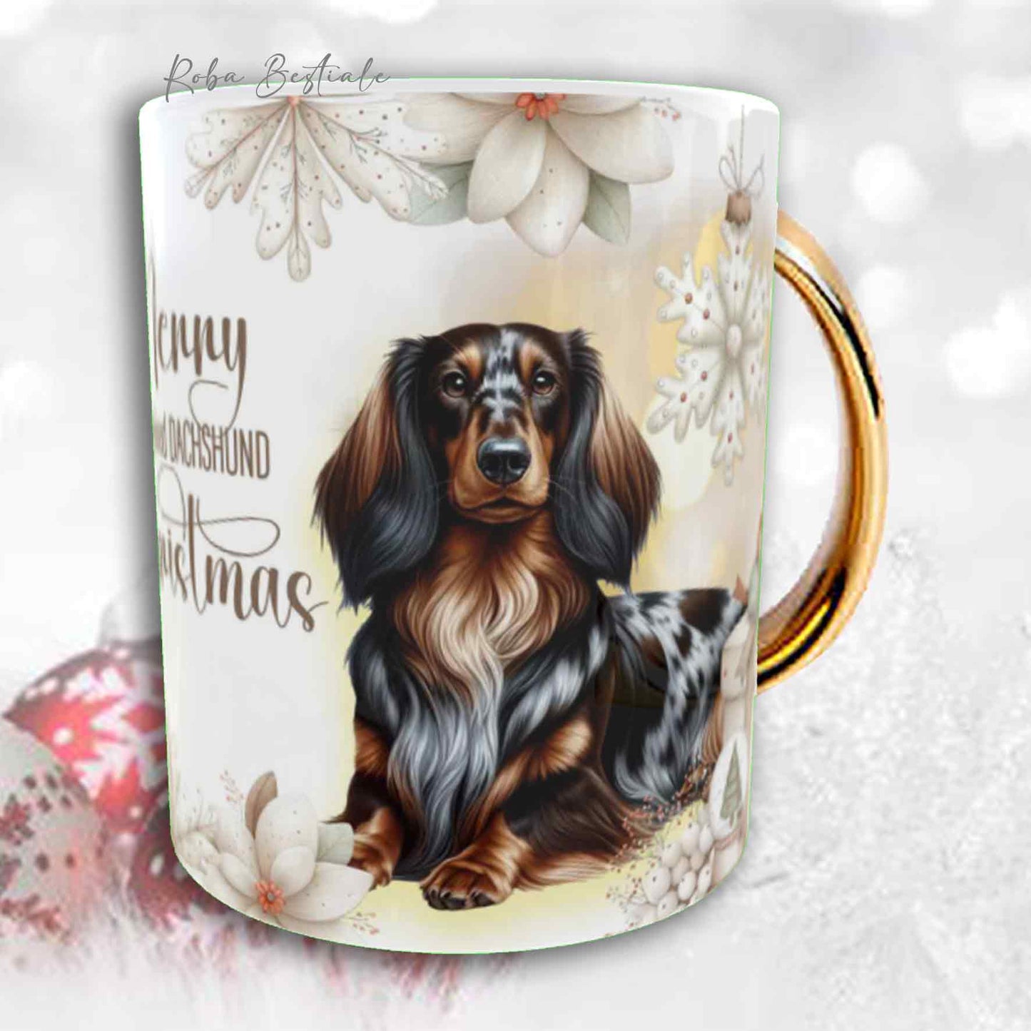 Tazza COZY WINTER - BASSOTTO TEDESCO a Pelo Lungo Arlecchino Marrone - In Ceramica, con manico color Oro - 330 ml