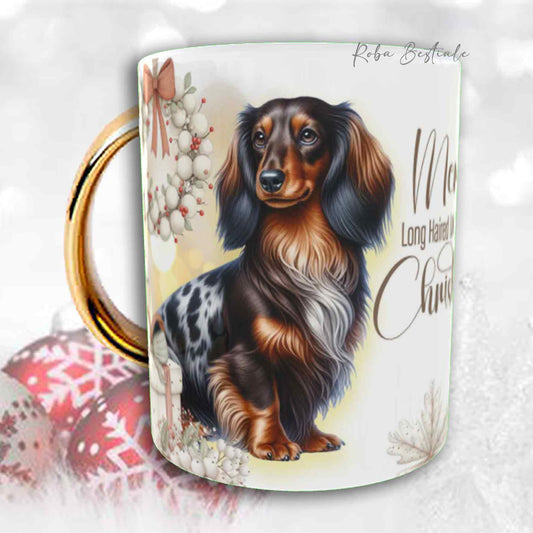 Tazza COZY WINTER - BASSOTTO TEDESCO a Pelo Lungo Arlecchino Marrone - In Ceramica, con manico color Oro - 330 ml