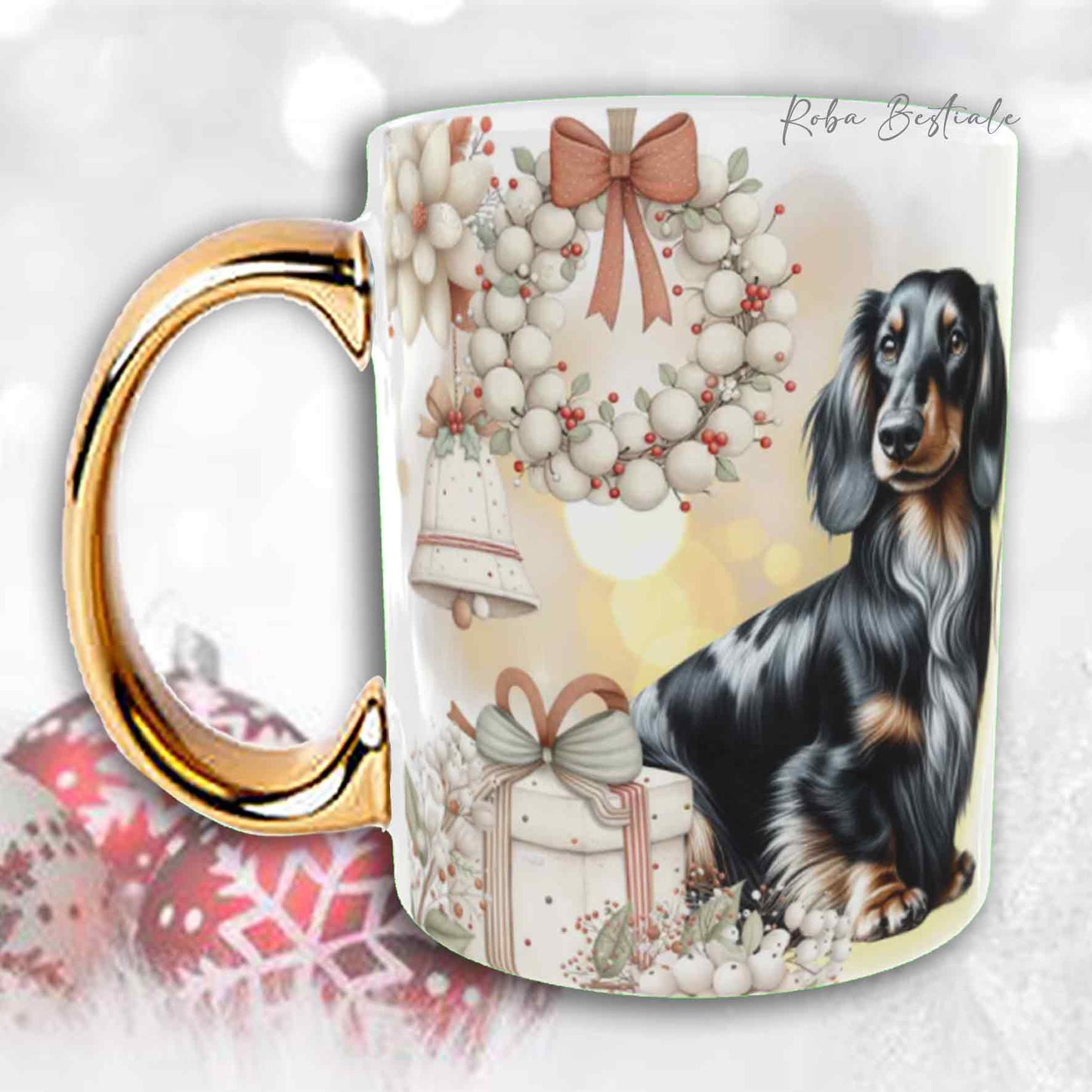 Tazza COZY WINTER - BASSOTTO TEDESCO a Pelo Lungo Arlecchino Nero - In Ceramica, con manico color Oro - 330 ml